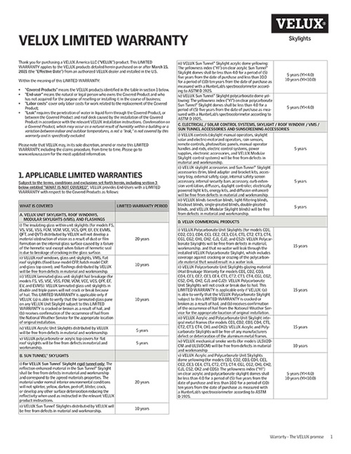 VELUX Warranty Brochure