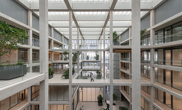 Interior view with the glass roof system of the BELVAL ICONE building in Luxemburg
