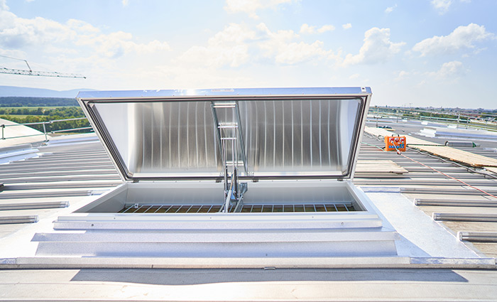 Close up view of the dome rooflight on the roof of Messe Karlsruhe
