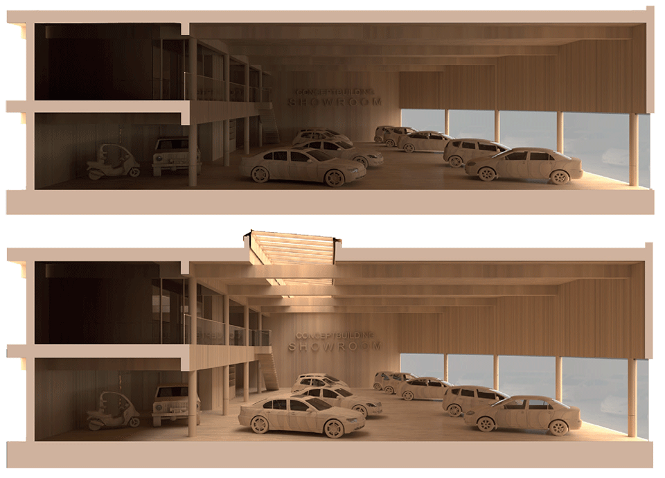 Images d'une salle d'exposition de voitures avec et sans verrières