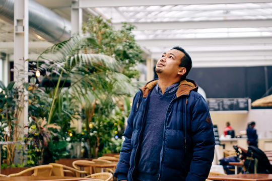 Person looking up with purpose