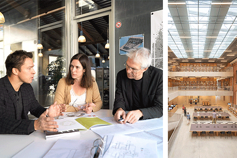 Lidé u konferenčního stolu. Pohled do interiéru knihovny.