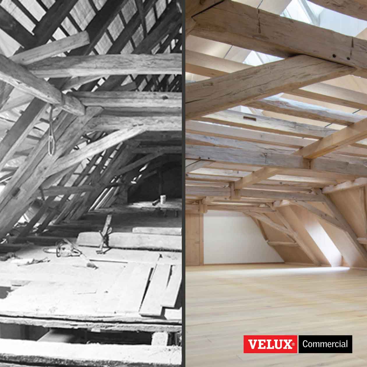 Renoveret loft med synlige spær og VELUX-tagvindue.