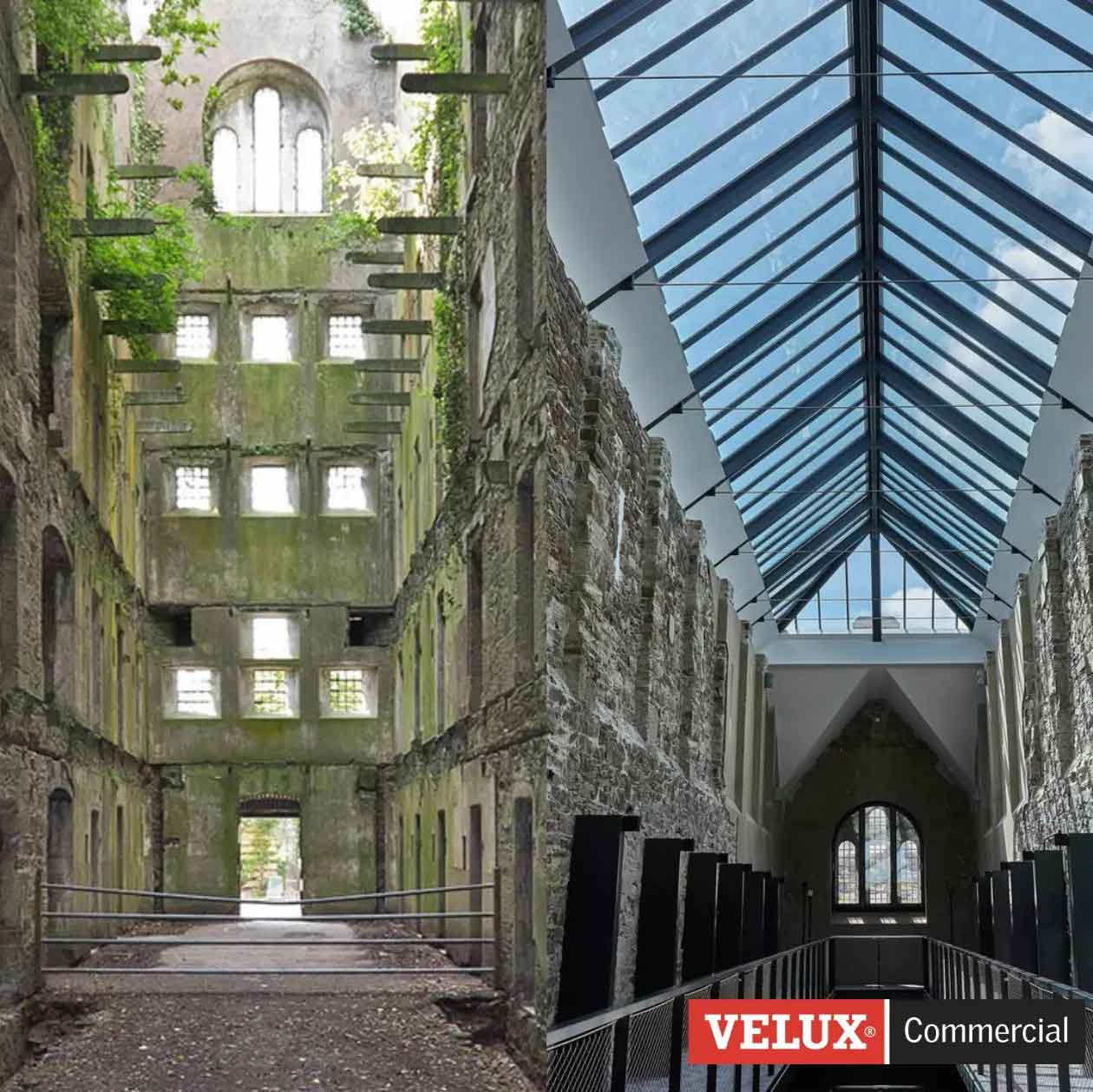 Historisk bygning med stenvægge og moderne VELUX-tagvindue.