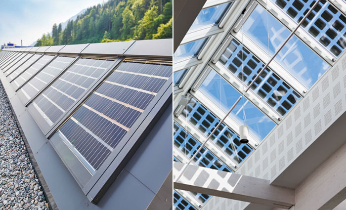 Sattel-Lichtband mit integrierter Photovoltaik und oberlicht kombiniert mit Photovoltaik