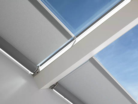 Modular Rooflight Linearlight with minimised beam and roller blinds.