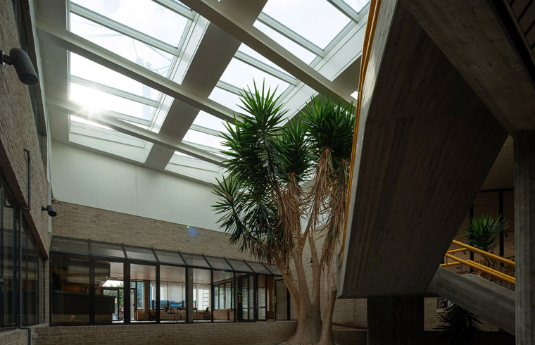 Atrium med VELUX Commercial Takljusmoduler, naturligt ljus och gröna växter. Installation af VMS.