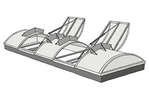 Ilustrație a unui luminator arcuit Vario Norm cu două trape pe toată deschiderea și deflectoare