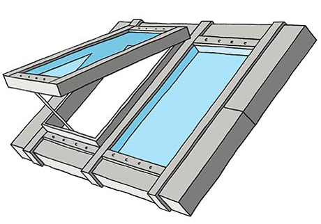 Illustration d’un ouvrant VENTRIA avec charnières sur le dessus pour système de verrières