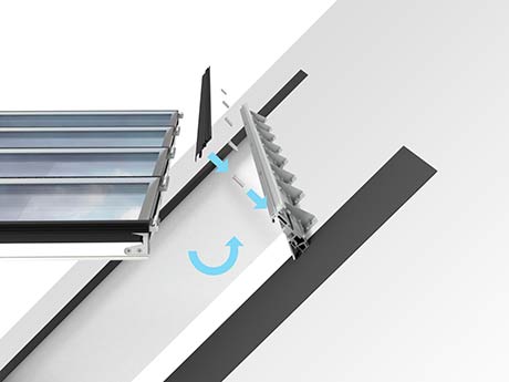 Monteringsprincip for glaspaneler med tolagsruder, der illustrerer fastgørelse til taget.