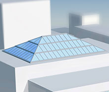 Solution cascade double pente avec pignon à pan coupé installée sur un toit plat