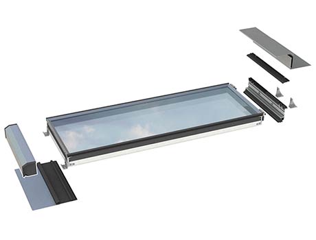 Udfoldet illustration af et trelagspanel, herunder de dele af tilbehøret, der er nødvendige til monteringen.