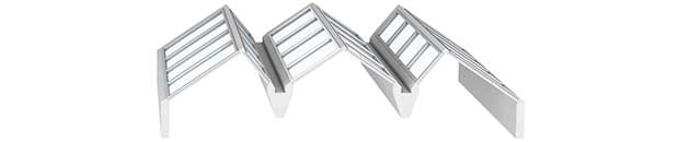 Rozwiązania Atrium połączone asymetrycznie z kolejnymi rozwiązania atrium  zamontowane pomiędzy sekcjami dachowymi o różnej wysokości.