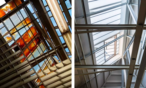 Interiör före och efter bilder av en takljusinstallation som en del av ett renoveringsprojekt i Schweiz.